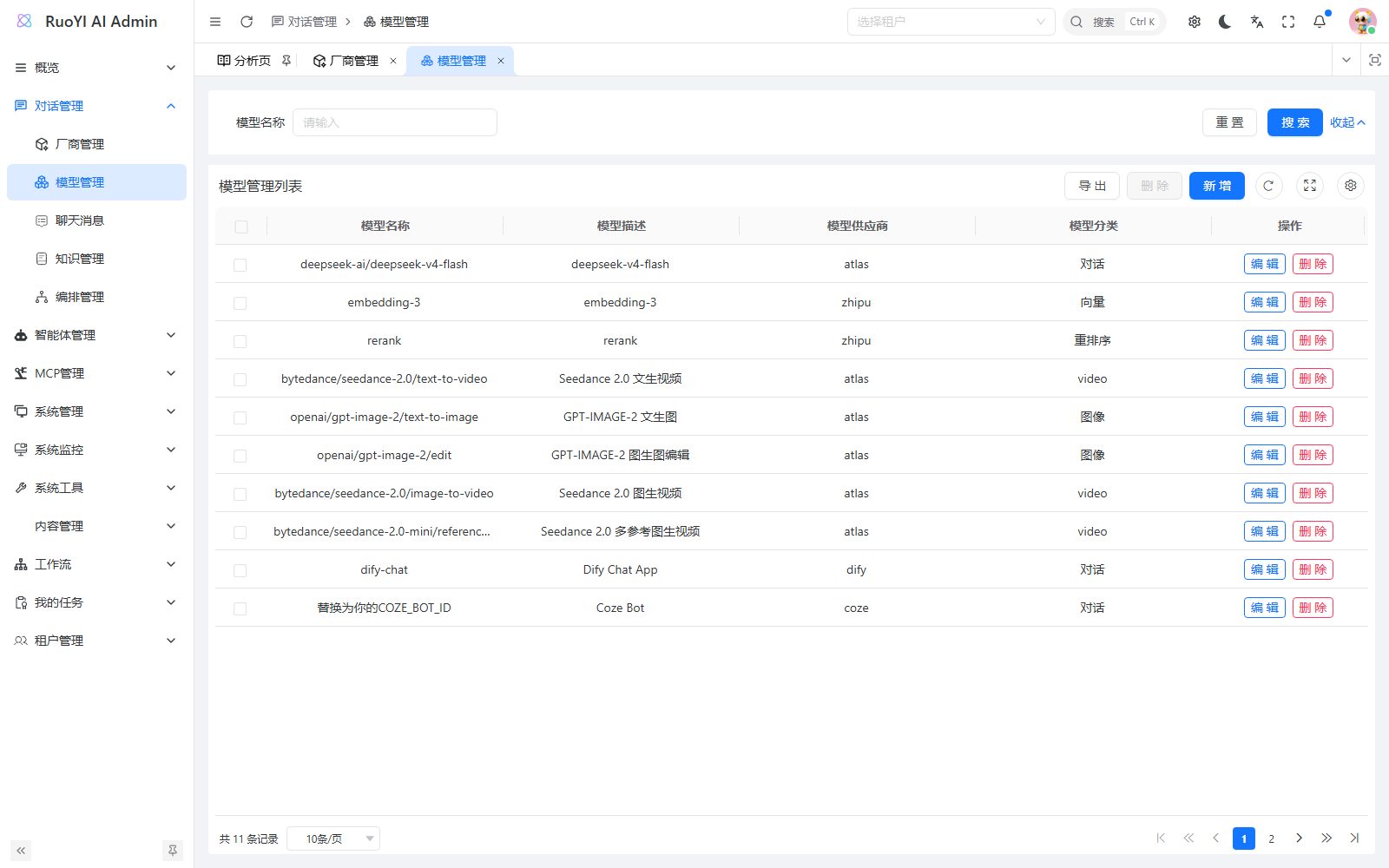 模型管理页面