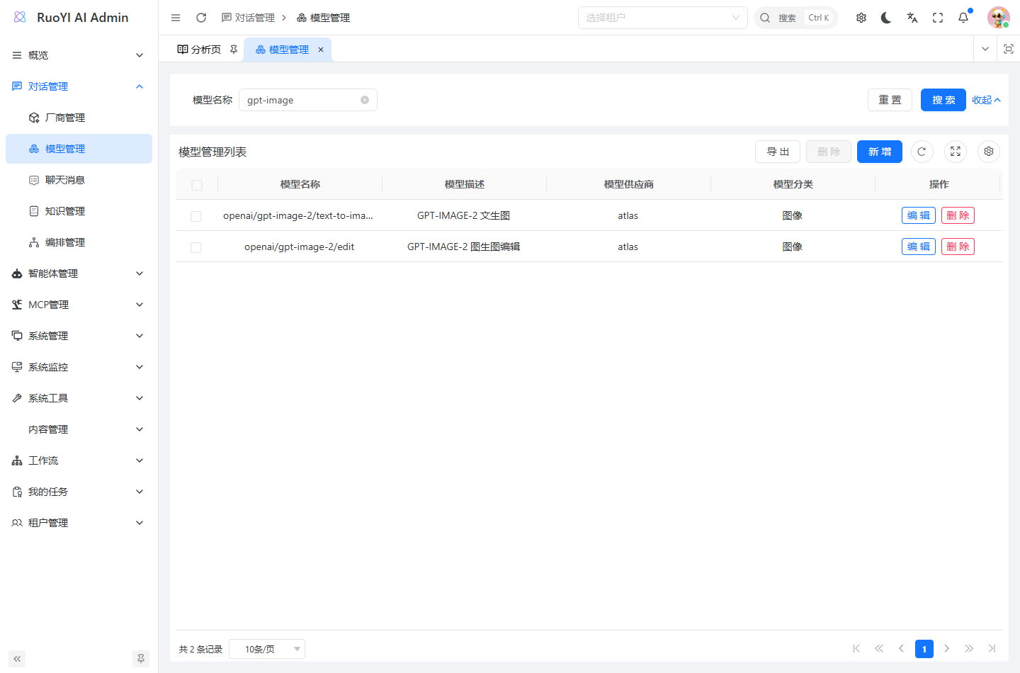 运行中的模型管理列表，按 gpt-image 筛选出 Atlas Cloud 的图片模型