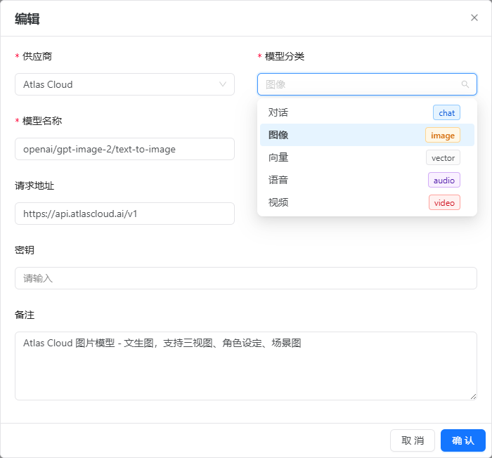 真实模型表单中的分类下拉框，显示图像 image、语音 audio 和视频 video