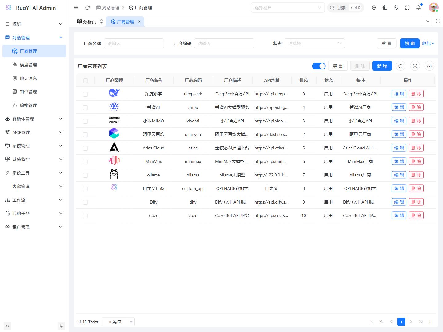 运行中的厂商管理列表，可查看厂商编码、API 地址和状态